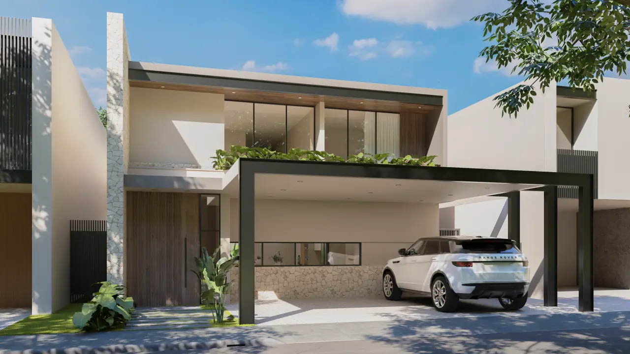 Fachada con pérgola